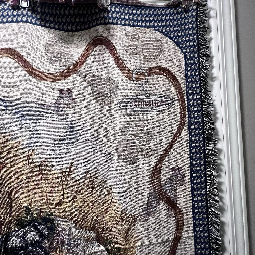 Vtg Schnauzer Dog Woven Cotton Tapestry Throw Blanket New 49